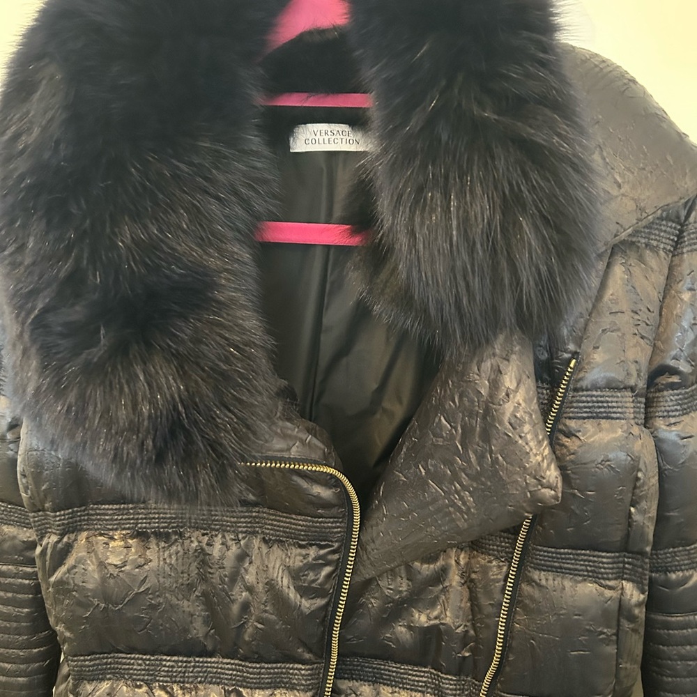 Versace size small navy coat with fur brand new condition